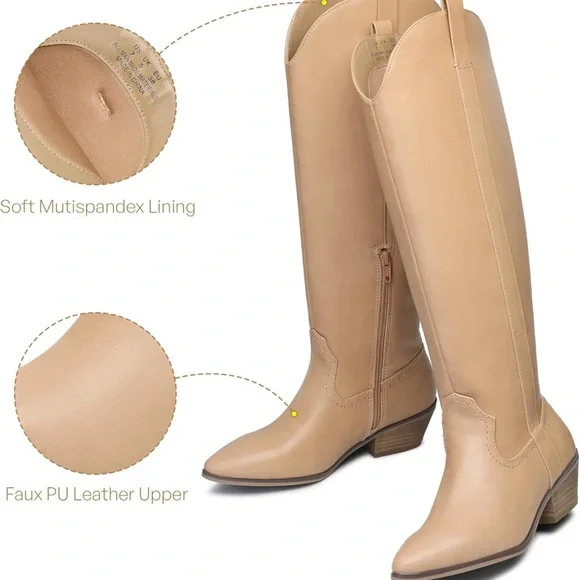 NWT Tan Knee-High Cowboy Boots / Vegan Leather / Faux Leather - Picture 7 of 17